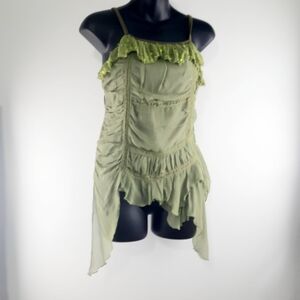 Unique Vintage Green Asymmetrical Ruffled Sheer Camisole tank top